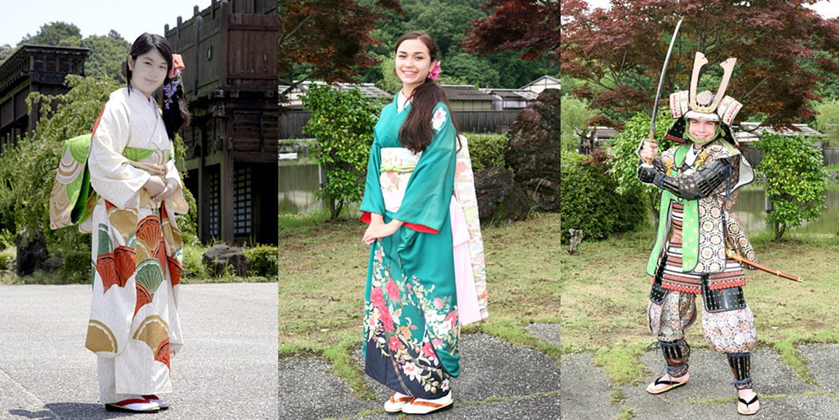 穿著租借的日式傳統服裝，在城下町散步